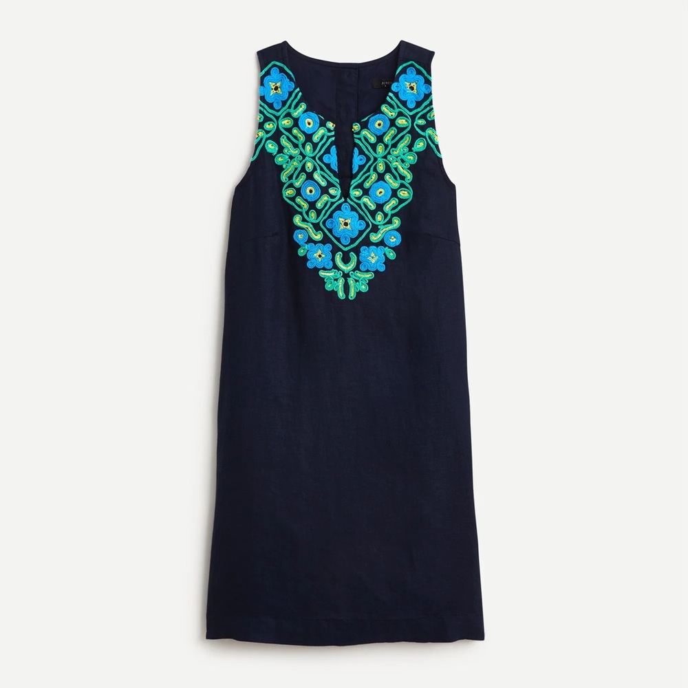 JCrew Embroidered Linen Sleeveless button back shift dress